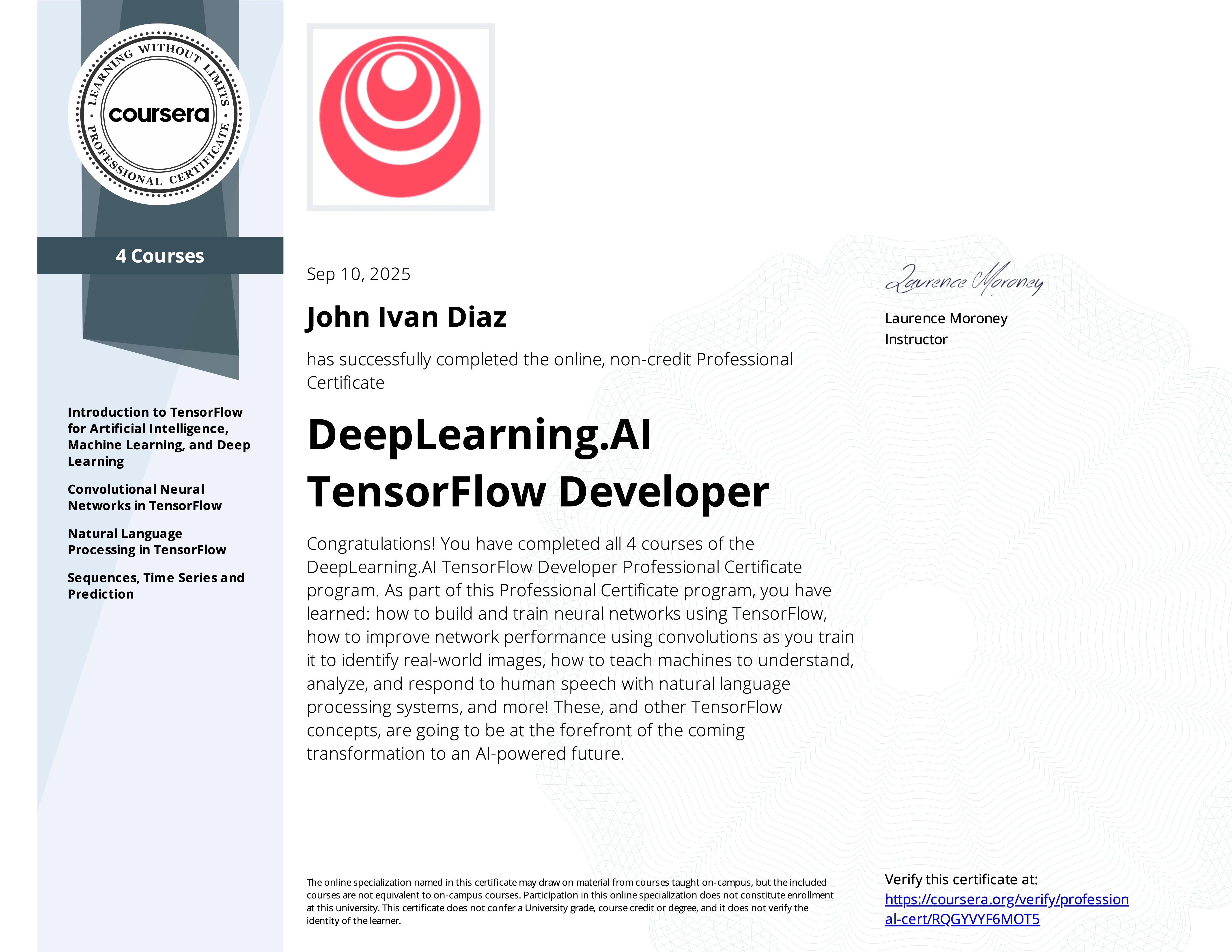 TensorFlow Developer Professional Certificate